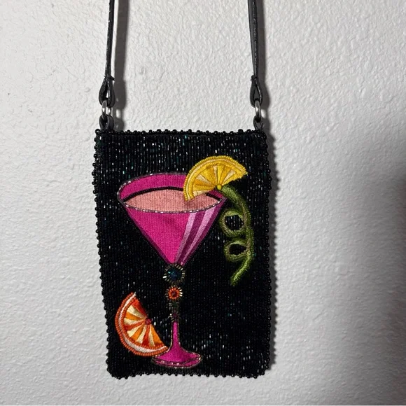 Mary Frances Take A Sip Pink Cocktail Phone Pouch Crossbody Beaded Leather Purse - Picture 1 of 6